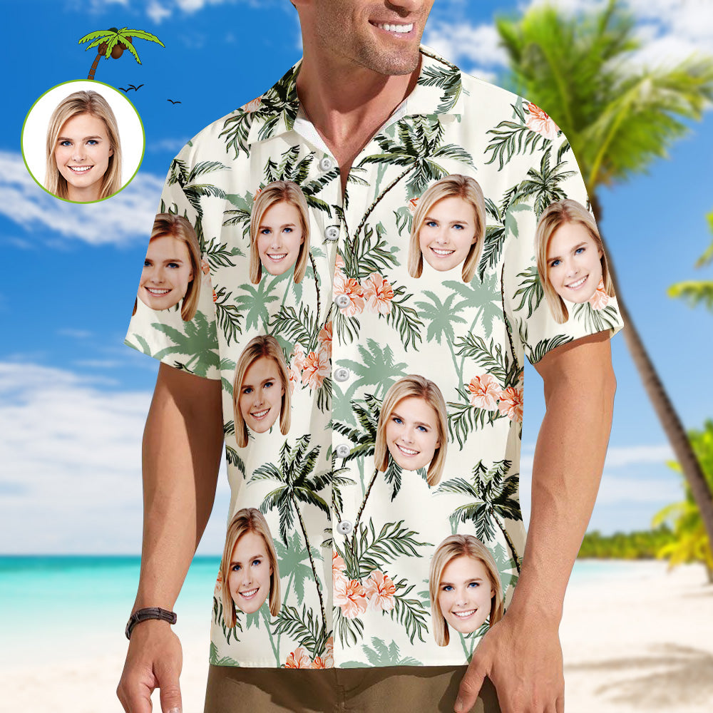 Personalisiertes Hawaii-Hemd mit individuellem Gesicht und durchgehendem Kokosnussbaum-Aufdruck