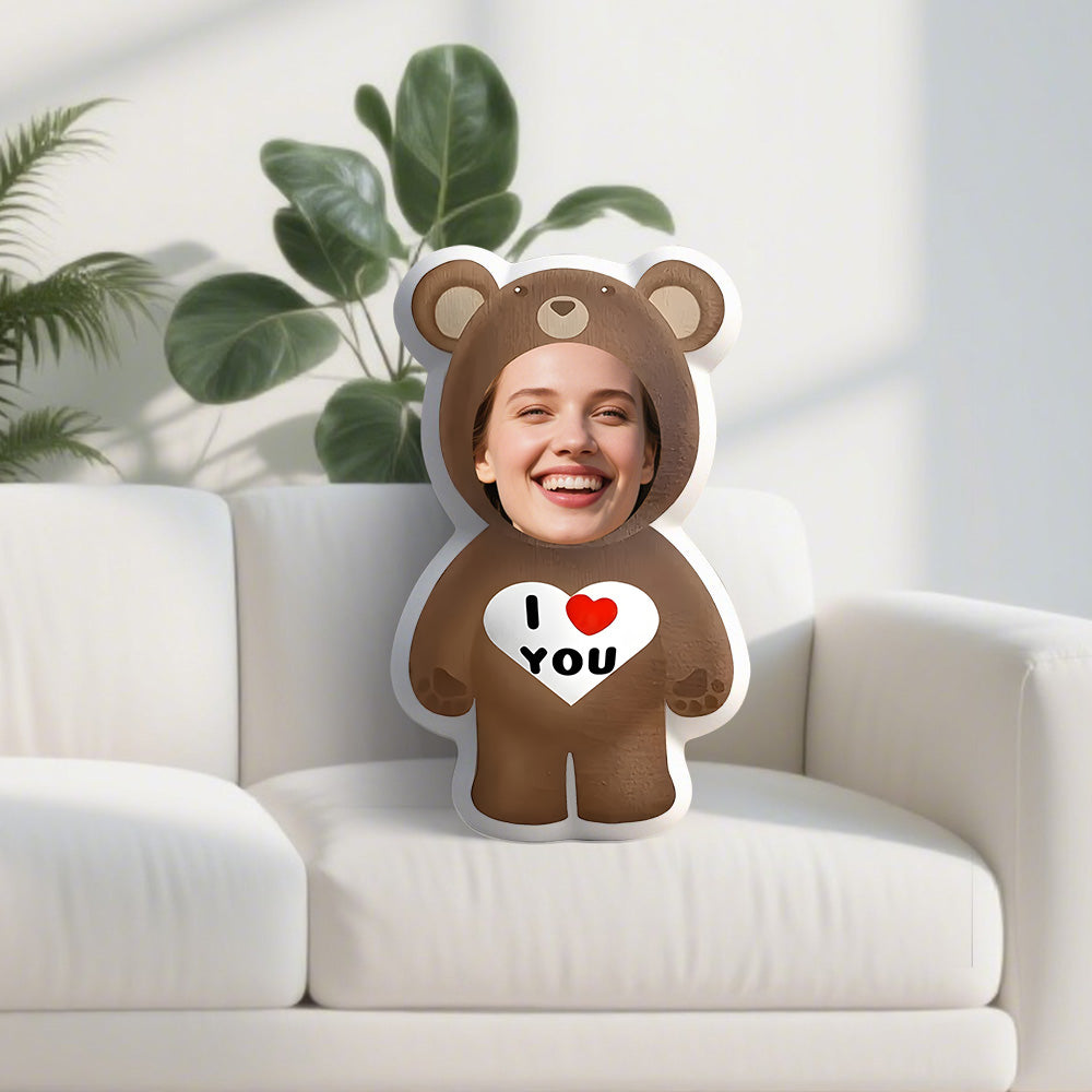 Fotokissen Bär Plüschkissen - Personalisiertes "Ich liebe dich"-Gesicht Plüschkissen, ideales Geschenk für Freunde und Familie, weicher und bequemer Stoff - Geeignet für Wohnzimmer und Heimdekoration, geeignet für alle Jahreszeiten