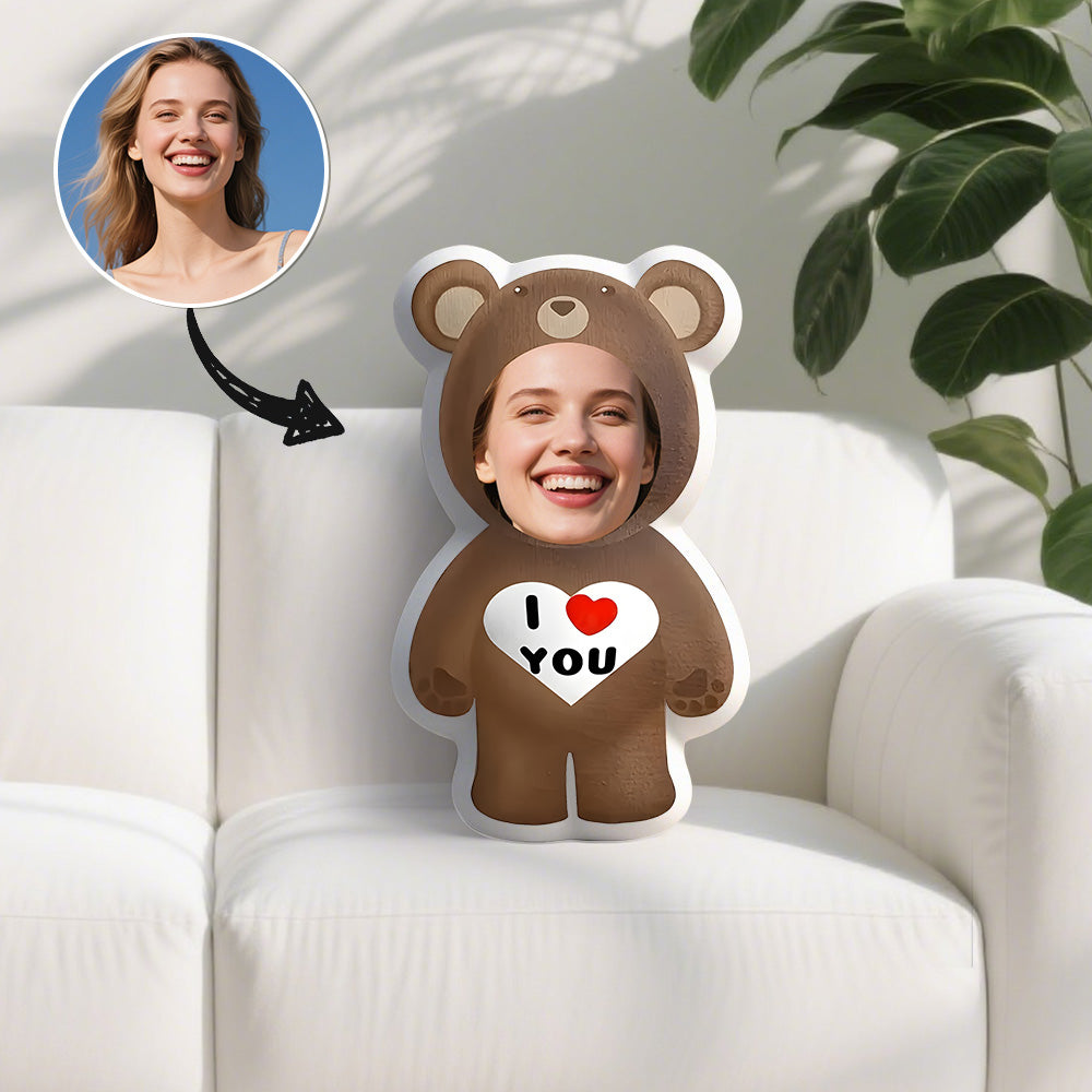 Fotokissen Bär Plüschkissen - Personalisiertes "Ich liebe dich"-Gesicht Plüschkissen, ideales Geschenk für Freunde und Familie, weicher und bequemer Stoff - Geeignet für Wohnzimmer und Heimdekoration, geeignet für alle Jahreszeiten