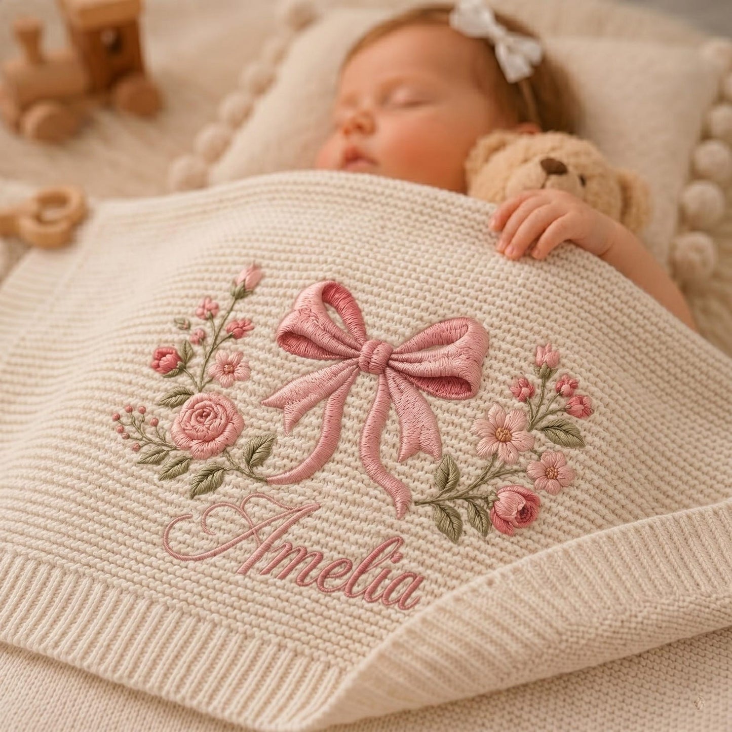 Personalisierte Babydecke mit koketter Schleifenstickerei, bestickte Blumendecke, Babydecke, Geschenk für Mädchen, Erinnerungsstück für Neugeborene