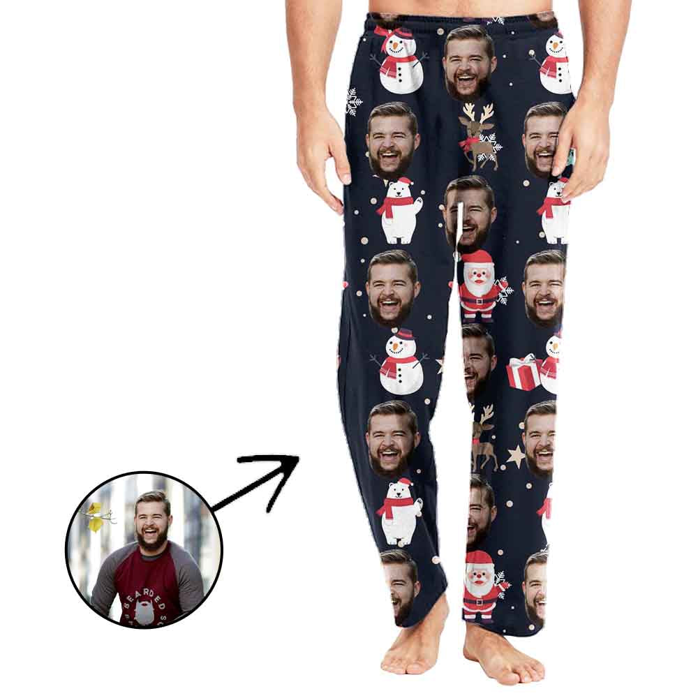 Benutzerdefinierte Foto-Pyjama-Hosen für Männer Weihnachtsmann und Schneemann
