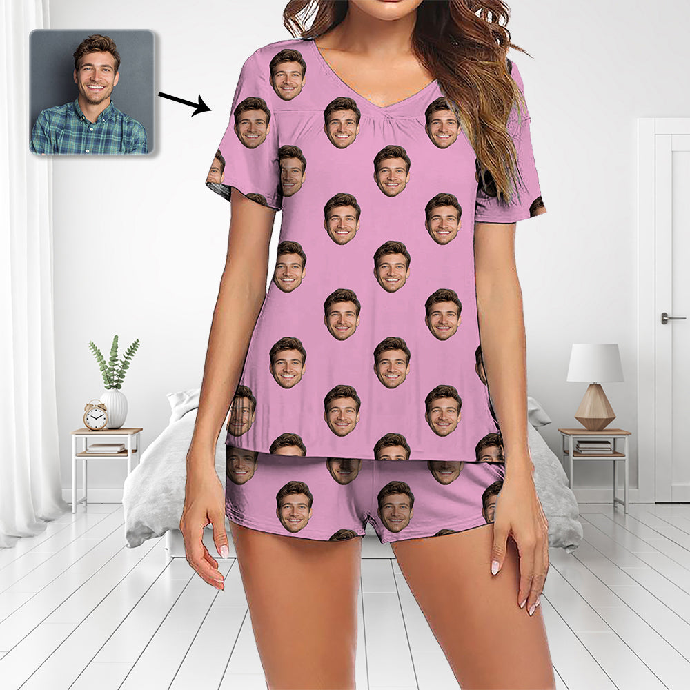 Benutzerdefinierte Foto Pyjamas Set Kurzarm V-Ausschnitt Pyjama Damen Shorts Pyjama Set Nachtwäsche Nachtwäsche Das Gesicht meines Mannes