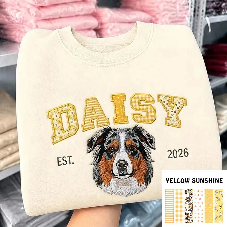 Sweatshirt, Hoodie oder T-Shirt mit individuellem Haustier-Porträt als Patchwork-Applikation und Stickerei