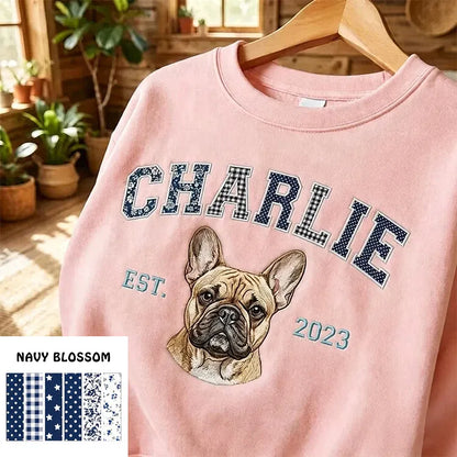 Sweatshirt, Hoodie oder T-Shirt mit individuellem Haustier-Porträt als Patchwork-Applikation und Stickerei
