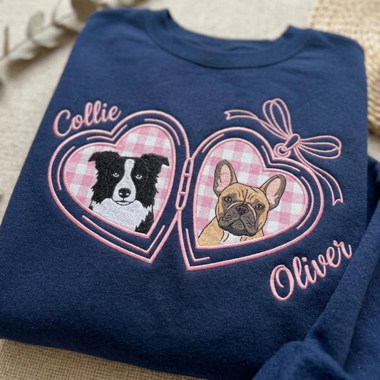 Besticktes Sweatshirt mit individuellem Haustierporträt – Personalisiertes Shirt mit Herzmedaillon und Haustierfoto für Hunde- und Katzenliebhaber