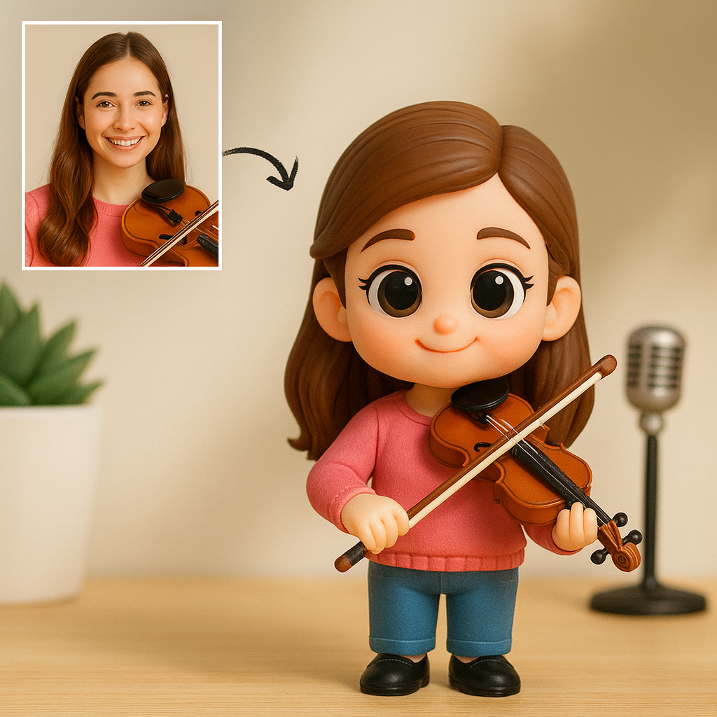 Personalisierte 3D-Musikmädchen-Figur vom Foto – individuelles Geschenk für Musikliebhaber und Künstler