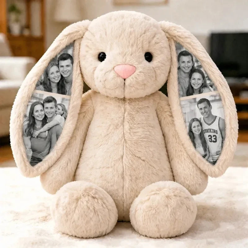 Personalisierter Fotohase als Plüschtier – Geschenkidee mit verstecktem Ohr für Paare zum Jahrestag oder Muttertag