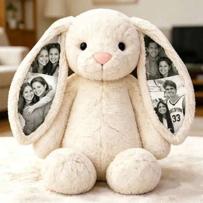 Personalisierter Fotohase als Plüschtier – Geschenkidee mit verstecktem Ohr für Paare zum Jahrestag oder Muttertag
