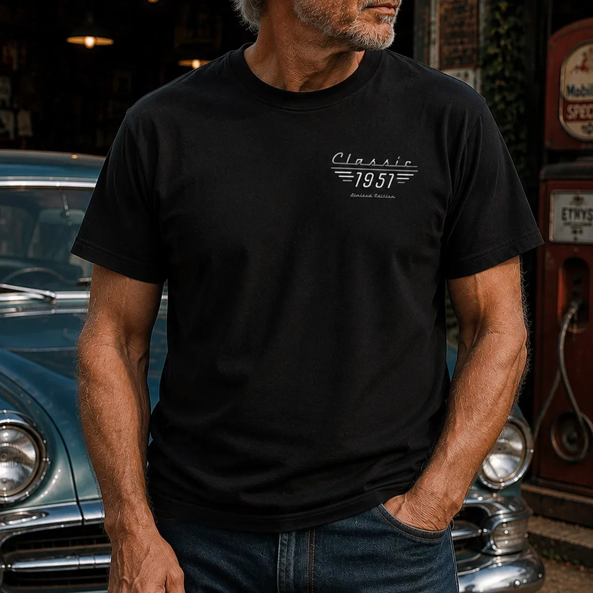 Personalisiertes T-Shirt mit Oldtimer-Motiv (beidseitig bedruckt) – individuelles Fotoshirt für Papa oder Ehemann, Geschenk für Oldtimer-Liebhaber