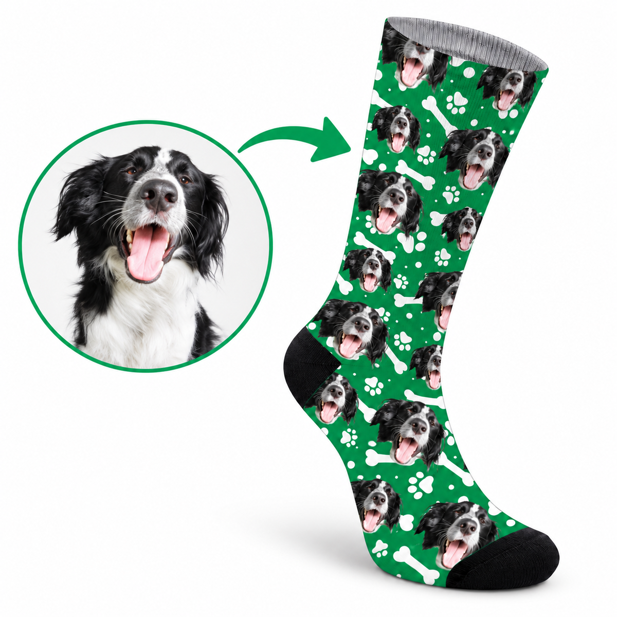Personalisierte Socken mit dem Gesicht des eigenen Haustiers sind ein tolles Geschenk für jeden Hunde- oder Katzenbesitzer – in verschiedenen Farben erhältlich.