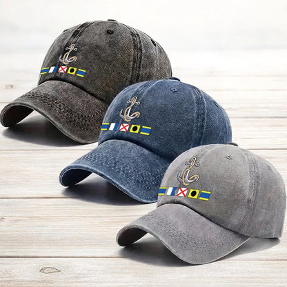 Baseball-Cap aus gewaschenem Denim mit Bootsanker und Signalflaggen – maritimes Design, ein einzigartiges Geschenk für Segler und Bootsliebhaber