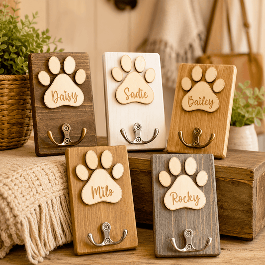 Personalisierter Leinenhalter aus Holz mit Pfotenabdruck-Motiv – Individueller Haken für Hundeleinen als Deko für den Eingangsbereich & Geschenk für Tierliebhaber