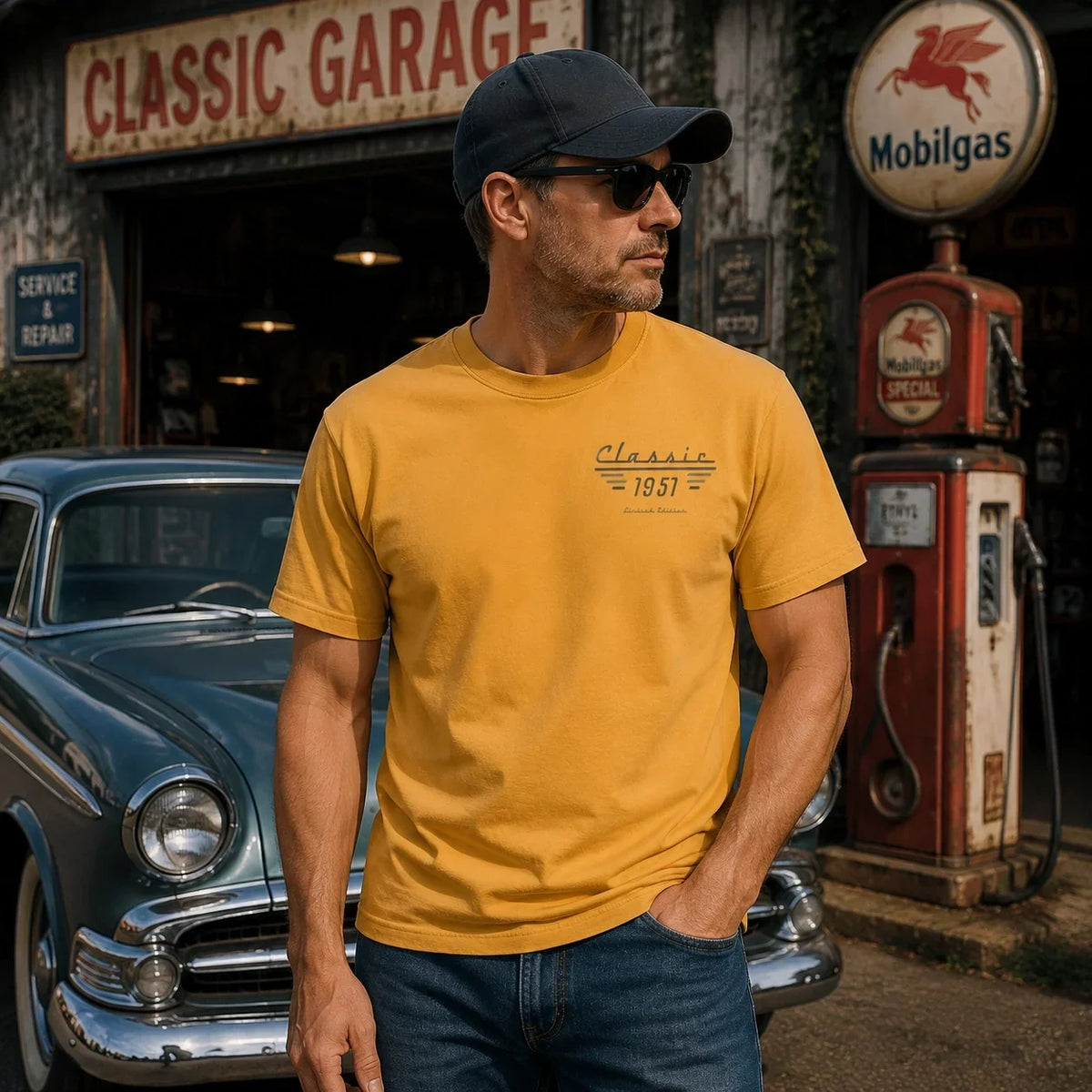 Personalisiertes T-Shirt mit Oldtimer-Motiv (beidseitig bedruckt) – individuelles Fotoshirt für Papa oder Ehemann, Geschenk für Oldtimer-Liebhaber