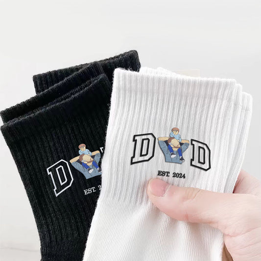 Socken mit gestickten Buchstaben, Socken mit Foto in der Mitte, bedeutungsvolle Sockengeschenke, dicke Baumwollsocken mit vertikalen Linien