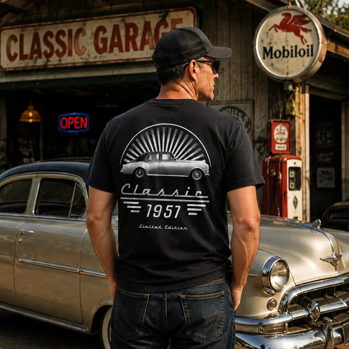 Personalisiertes T-Shirt mit Oldtimer-Motiv (beidseitig bedruckt) – individuelles Fotoshirt für Papa oder Ehemann, Geschenk für Oldtimer-Liebhaber