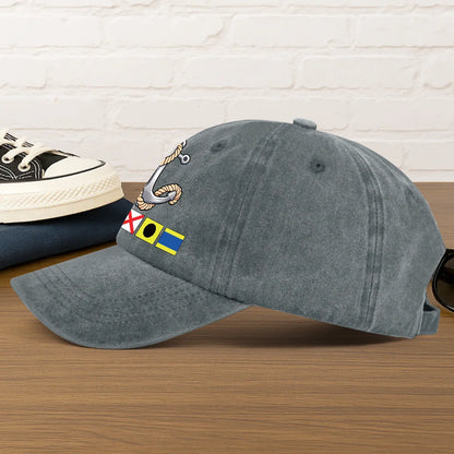Baseball-Cap aus gewaschenem Denim mit Bootsanker und Signalflaggen – maritimes Design, ein einzigartiges Geschenk für Segler und Bootsliebhaber
