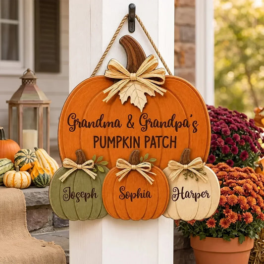 Personalisiertes Holzschild, Türdekoration „Oma & Opas Kürbisfeld“, einzigartiges Geschenk für Großeltern