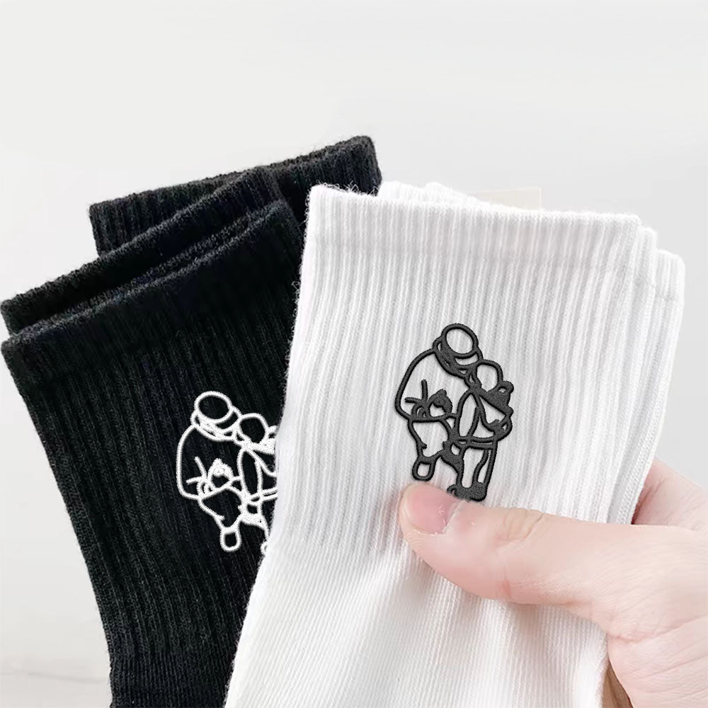 Bestickte Socken mit Vater-Sohn-Motiv, Socken mit gestickten Linienmotiven, Socken aus reiner Baumwolle, Socken mit Vater-Sohn-Fotomotiv, bedeutungsvolle Socken als Geschenk, dicke Baumwollsocken mit vertikalem Muster