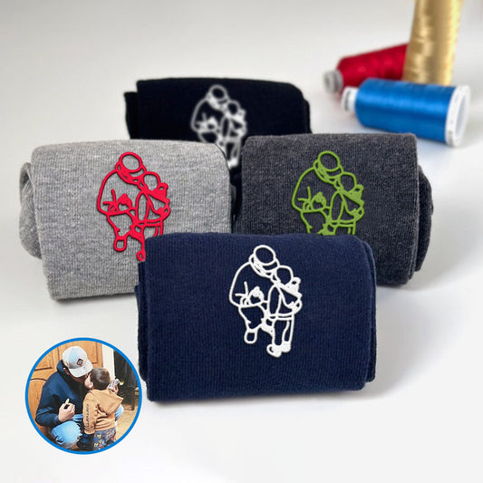 Bestickte Socken mit Vater-Sohn-Motiv, Socken mit gestickten Linienmotiven, Socken aus reiner Baumwolle, Socken mit Vater-Sohn-Fotomotiv, bedeutungsvolle Socken als Geschenk, Socken aus reiner Baumwolle