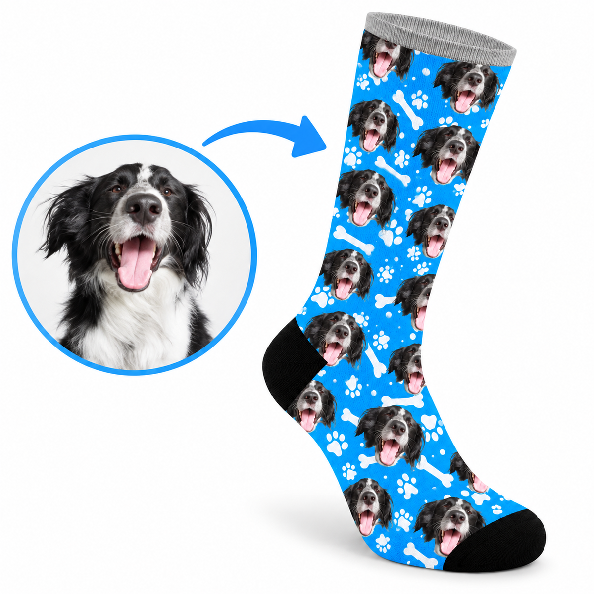 Personalisierte Socken mit dem Gesicht des eigenen Haustiers sind ein tolles Geschenk für jeden Hunde- oder Katzenbesitzer – in verschiedenen Farben erhältlich.