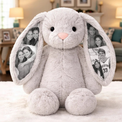 Personalisierter Fotohase als Plüschtier – Geschenkidee mit verstecktem Ohr für Paare zum Jahrestag oder Muttertag
