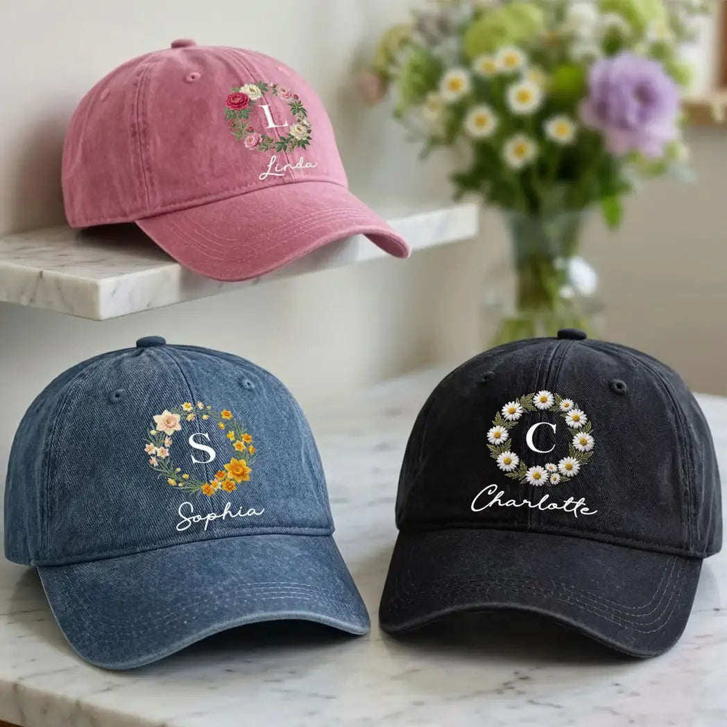 Baseballcap aus gewaschenem Denim mit individuellem Blumenmuster – Entspanntes Alltagsgeschenk für Mama oder eine Freundin