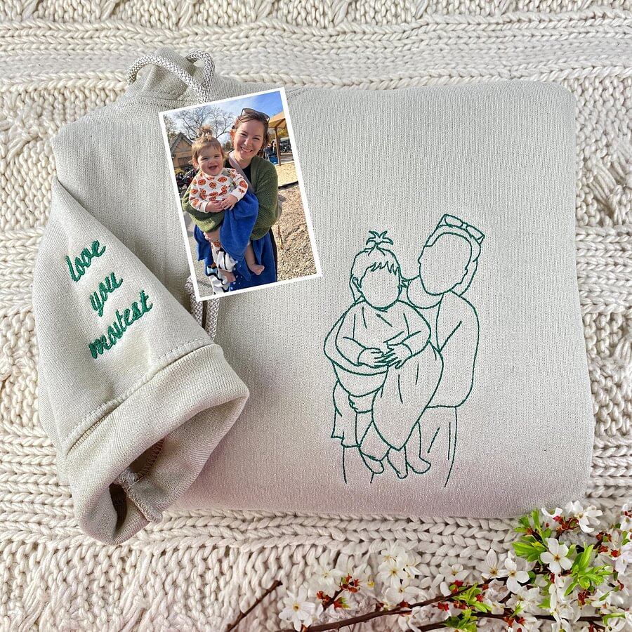 Personalisiertes, besticktes Sweatshirt zum Muttertag | Foto in Stickerei verwandeln – Einzigartiges Geschenk für Mama