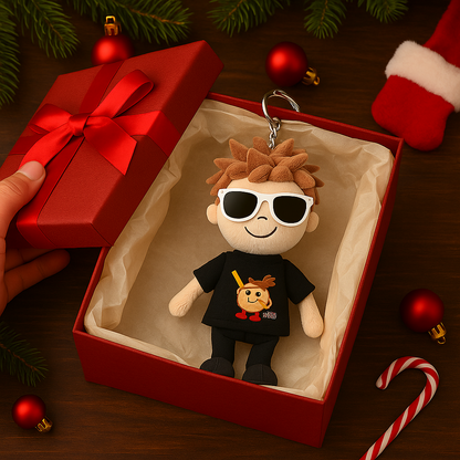 Personalisierter Schlüsselanhänger mit Foto einer Stofftierpuppe