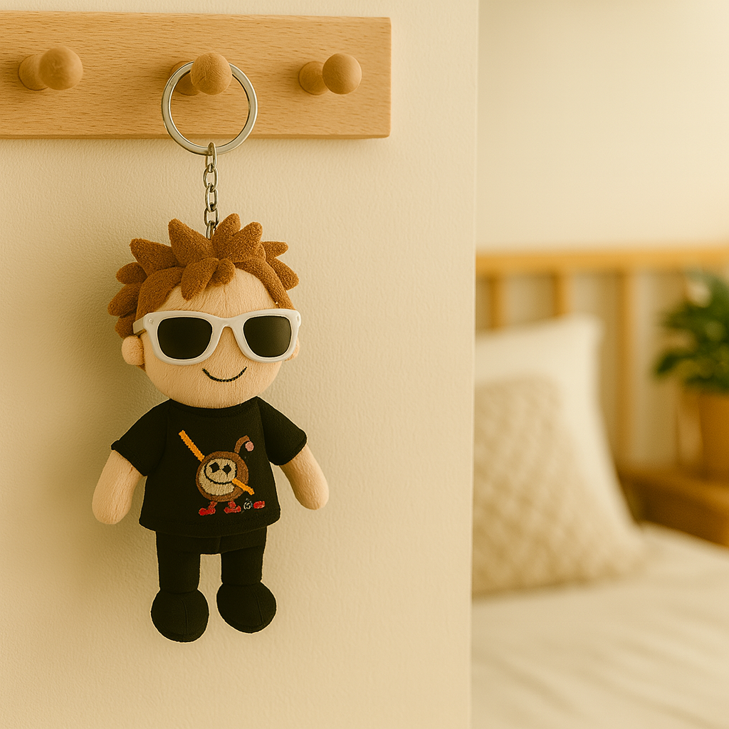 Personalisierter Schlüsselanhänger mit Foto einer Stofftierpuppe