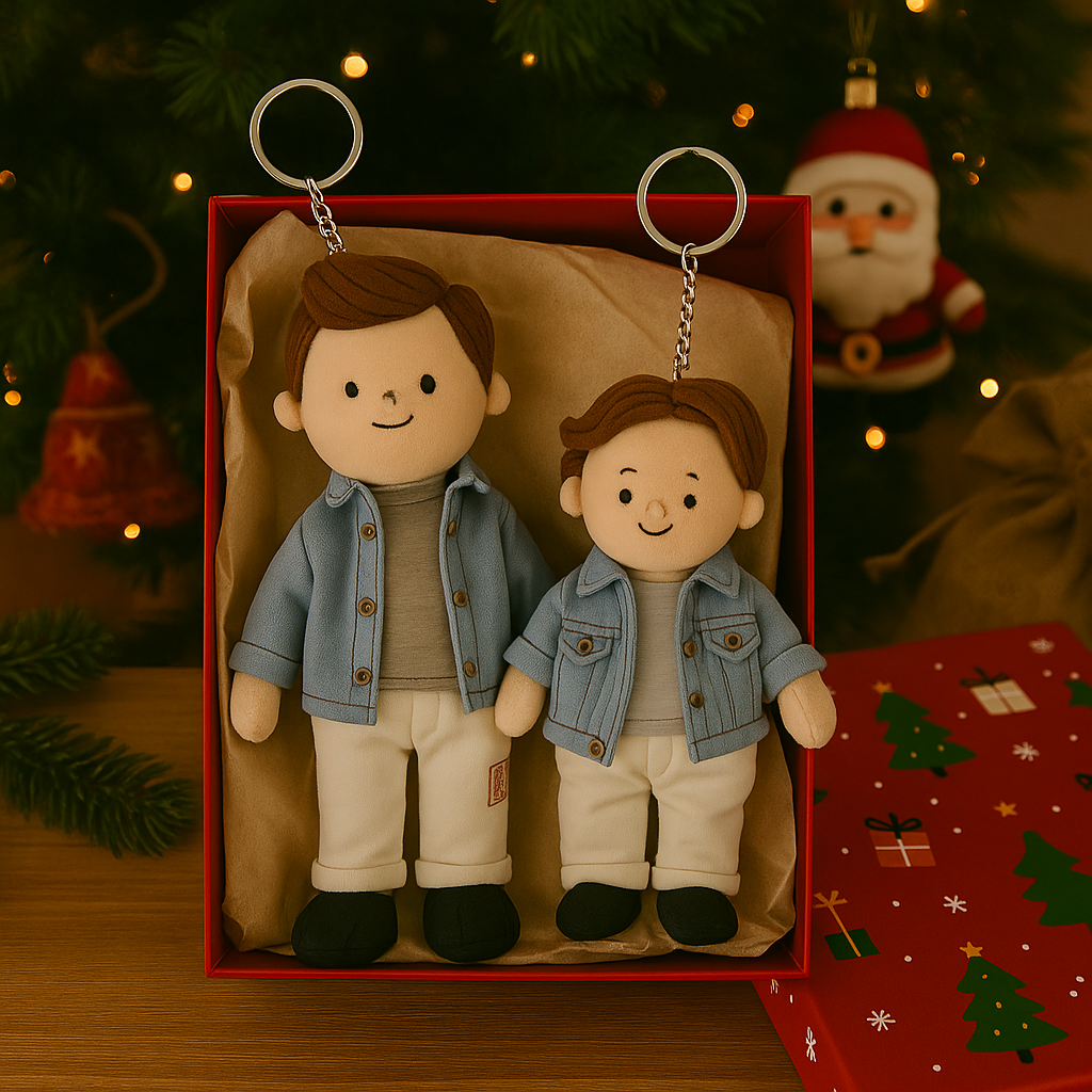 Personalisierter Foto-Schlüsselanhänger aus Plüschtier mit Aufdruck – Geschenk für Papa