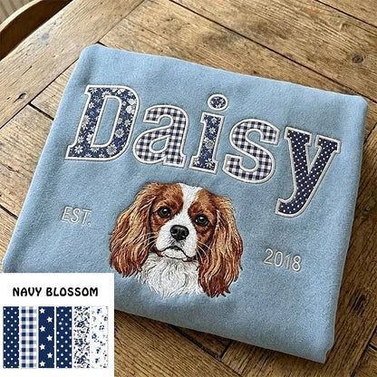 Sweatshirt, Hoodie oder T-Shirt mit individuellem Haustier-Porträt als Patchwork-Applikation und Stickerei
