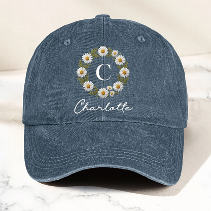 Baseballcap aus gewaschenem Denim mit individuellem Blumenmuster – Entspanntes Alltagsgeschenk für Mama oder eine Freundin