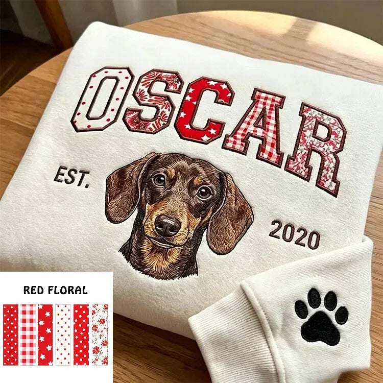 Sweatshirt, Hoodie oder T-Shirt mit individuellem Haustier-Porträt als Patchwork-Applikation und Stickerei