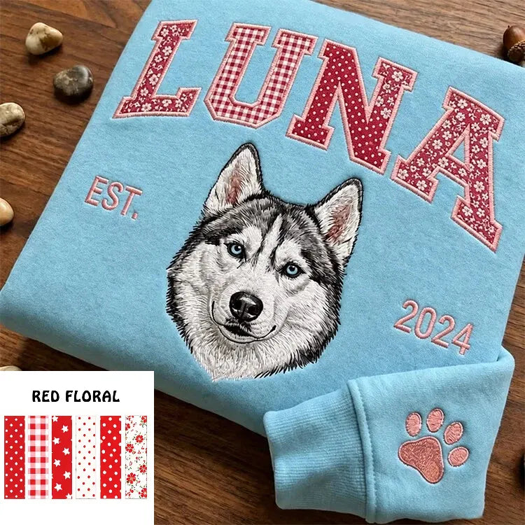 Sweatshirt, Hoodie oder T-Shirt mit individuellem Haustier-Porträt als Patchwork-Applikation und Stickerei
