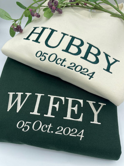 Custom Wifey and Hubby Embroidered Sweatshirt Hoodie Matching Valentine Wedding Gifts