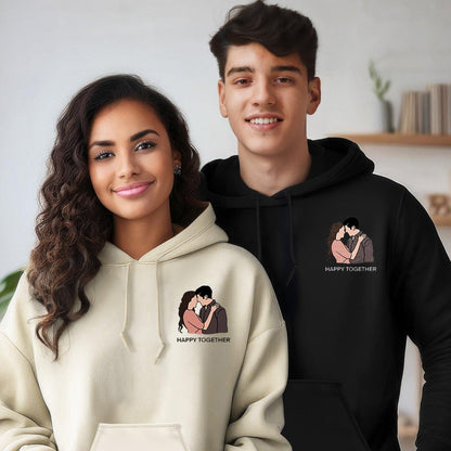 Personalisierter Hoodie mit Porträtmotiv für Paare, Hoodie mit Datum, Partner-Hoodies, bestickte Partner-Hoodies, romantisches Geschenk für Paare