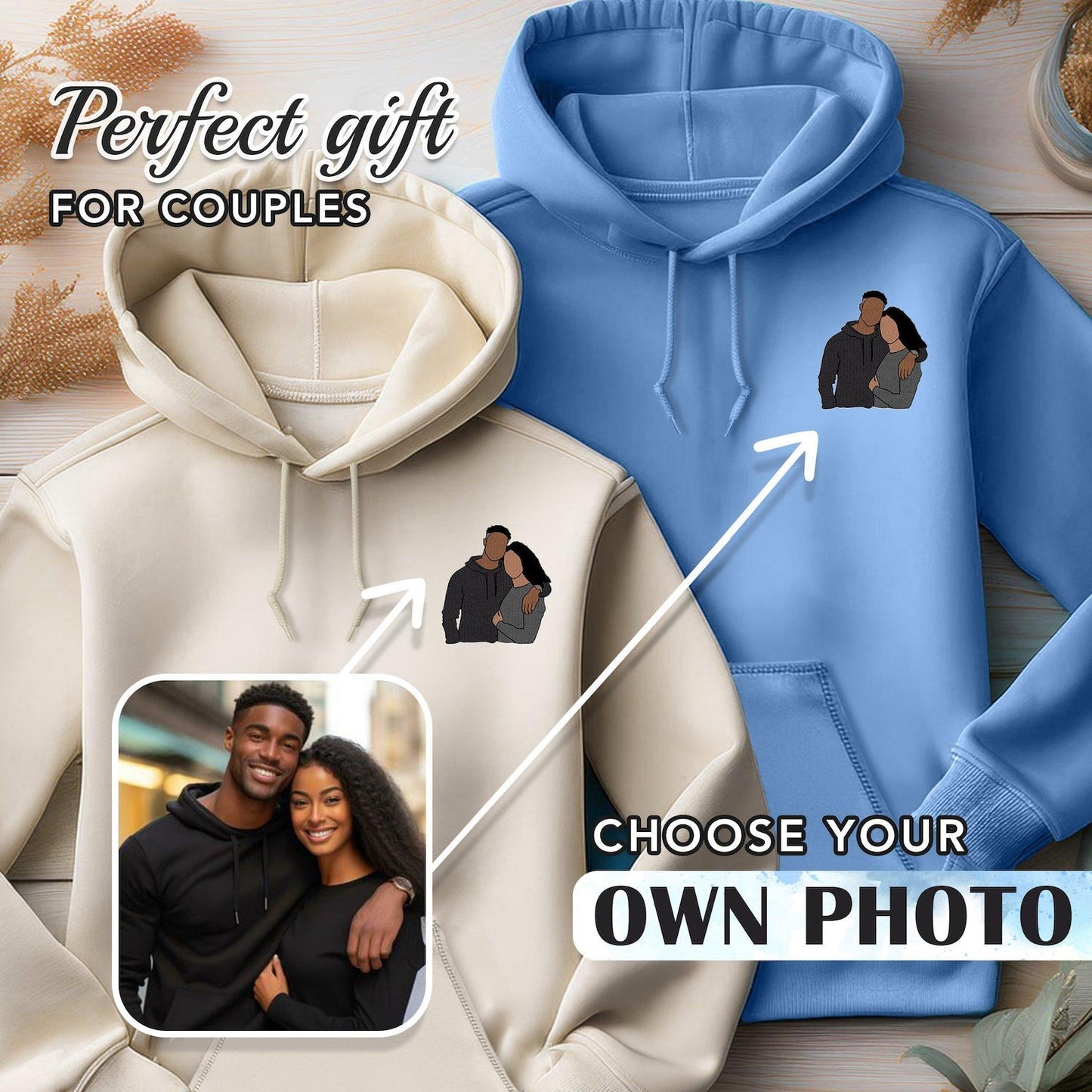 Personalisierter Hoodie mit Porträtmotiv für Paare, Hoodie mit Datum, Partner-Hoodies, bestickte Partner-Hoodies, romantisches Geschenk für Paare