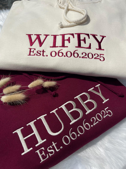 Custom Wifey and Hubby Embroidered Sweatshirt Hoodie Matching Valentine Wedding Gifts