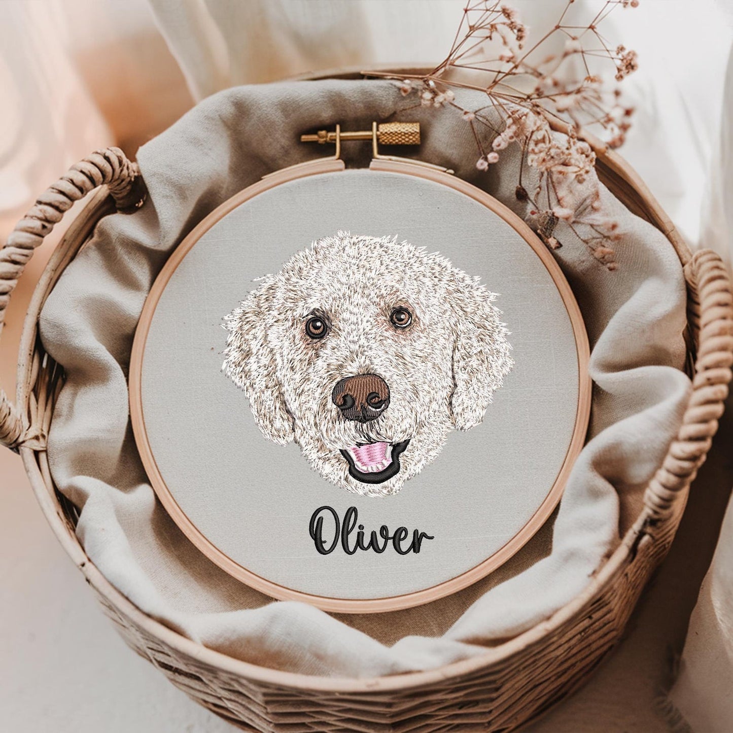 Individuelles Haustierporträt im Stickrahmen, Hundestickerei auf Leinwand, personalisiertes Haustiergeschenk, handgefertigt oder maschinell gestickt, Eichenrahmen-Dekoration