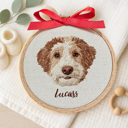 Individuelles Haustierporträt im Stickrahmen, Hundestickerei auf Leinwand, personalisiertes Haustiergeschenk, handgefertigt oder maschinell gestickt, Eichenrahmen-Dekoration