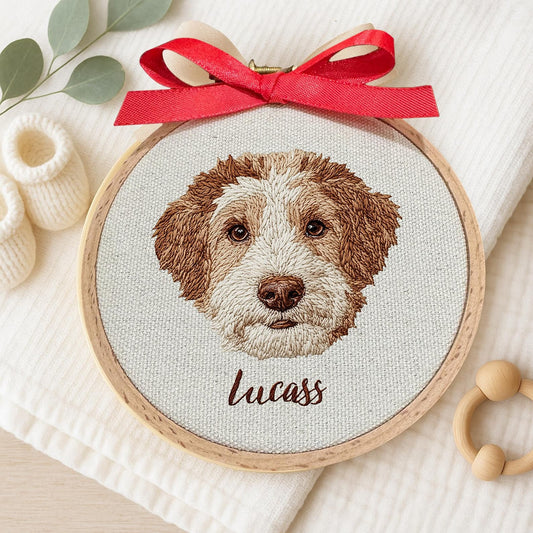 Individuelles Haustierporträt im Stickrahmen, Hundestickerei auf Leinwand, personalisiertes Haustiergeschenk, handgefertigt oder maschinell gestickt, Eichenrahmen-Dekoration