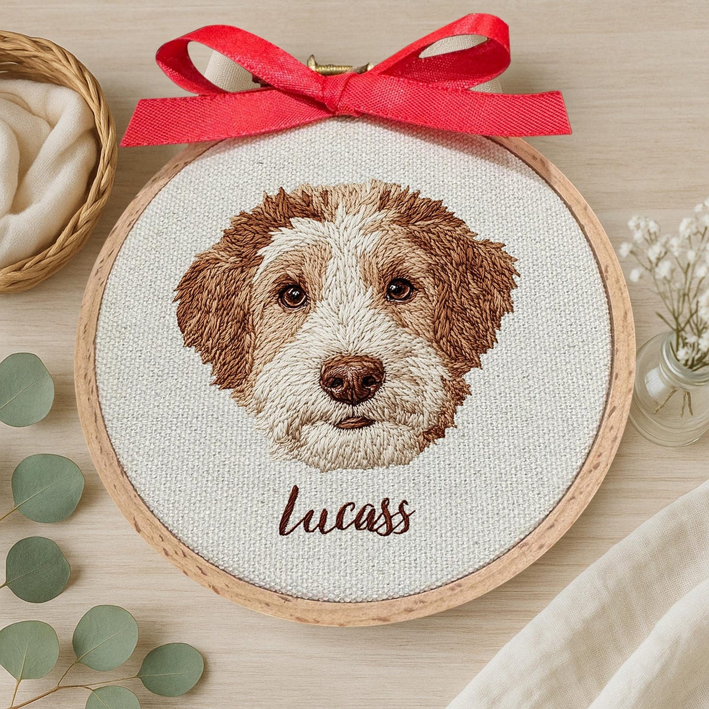 Individuelles Haustierporträt im Stickrahmen, Hundestickerei auf Leinwand, personalisiertes Haustiergeschenk, handgefertigt oder maschinell gestickt, Eichenrahmen-Dekoration