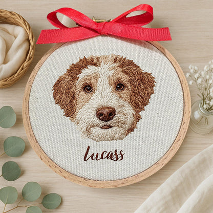 Individuelles Haustierporträt im Stickrahmen, Hundestickerei auf Leinwand, personalisiertes Haustiergeschenk, handgefertigt oder maschinell gestickt, Eichenrahmen-Dekoration