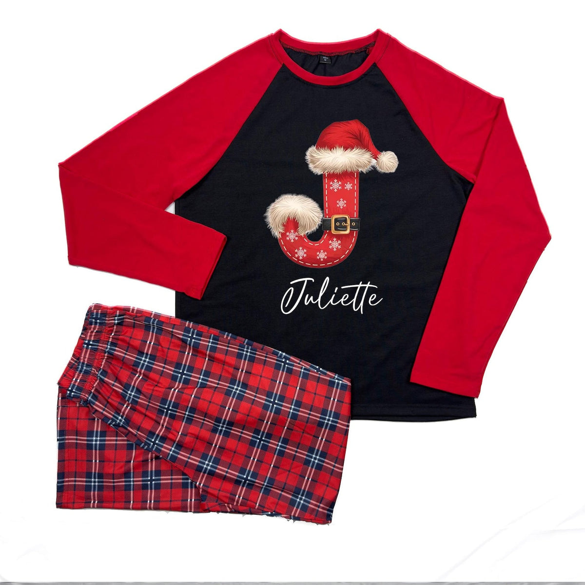 Personalisierter Familien-Weihnachtspyjama mit Weihnachtsmann-Motiv und Initialen: Partner-Set im Buffalo-Check-Muster