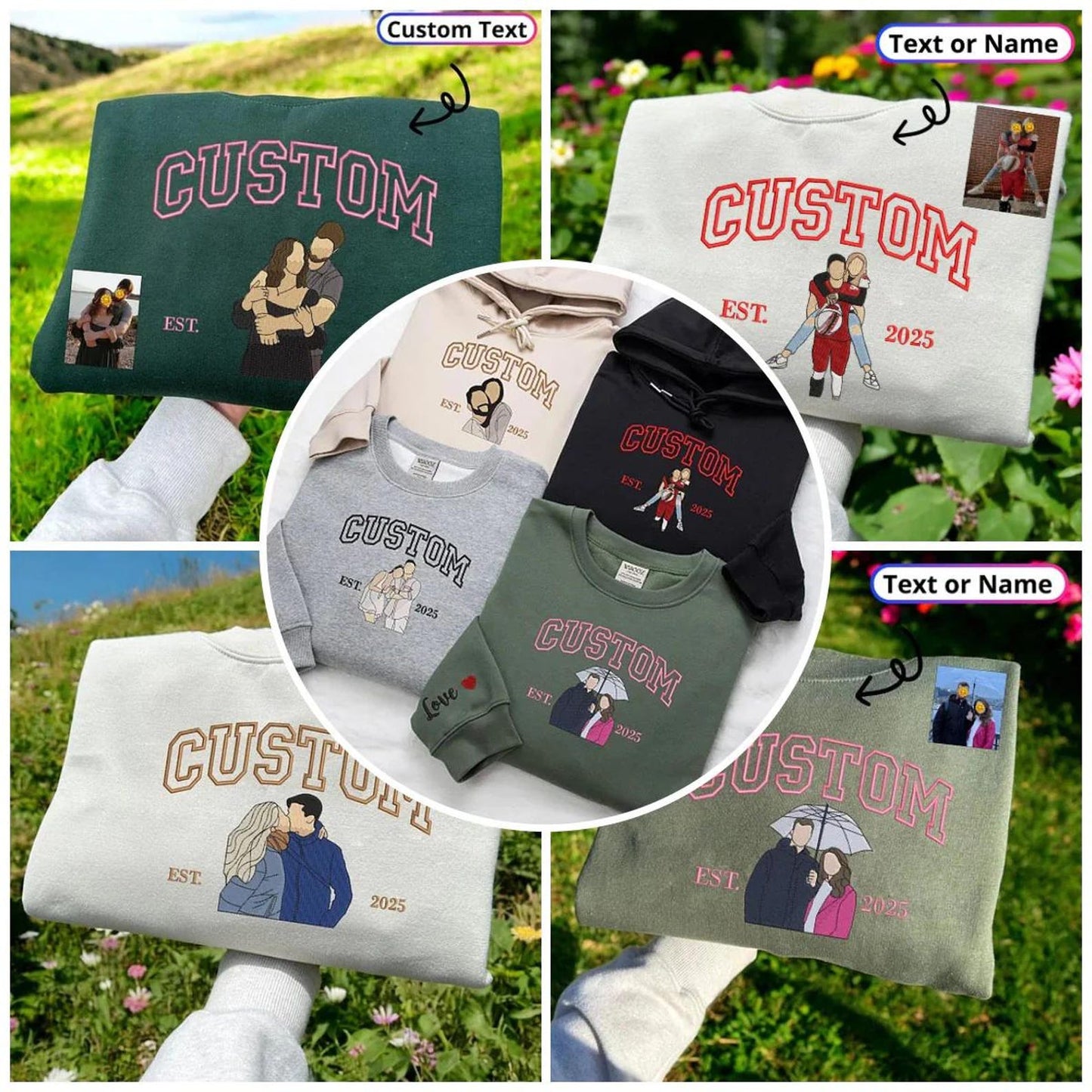 Individuell bestickter Hoodie mit Porträtmotiv – Personalisierter Partner-Foto-Sweatshirt, einzigartiges Geschenk für Paare