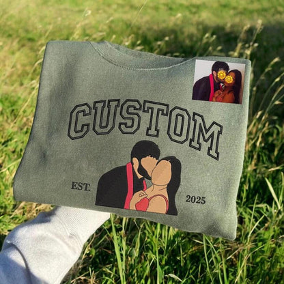 Individuell bestickter Hoodie mit Porträtmotiv – Personalisierter Partner-Foto-Sweatshirt, einzigartiges Geschenk für Paare