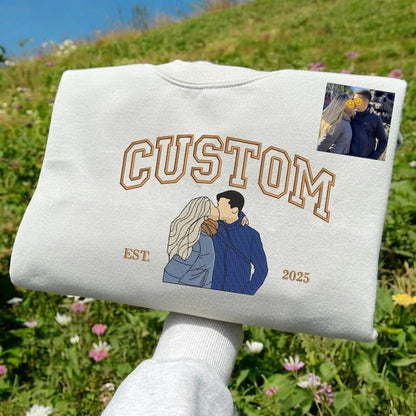 Individuell bestickter Hoodie mit Porträtmotiv – Personalisierter Partner-Foto-Sweatshirt, einzigartiges Geschenk für Paare