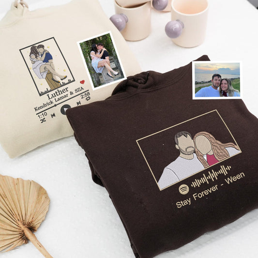 Personalisierter Lieblingssong mit Ihrem Foto-Porträt-Sweatshirt oder Hoodie, besticktes Geschenk für Sie und Ihn, Valentinstags- oder Jahrestagsgeschenk
