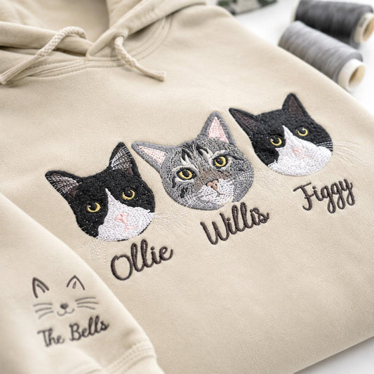 Geschenke für Katzenmamas – Hoodie mit individuell aufgesticktem Katzenfoto – Hoodie mit eingraviertem Katzengesicht – Personalisierter Hoodie mit Katzenmotiv – Gedenkgeschenk für Katzen
