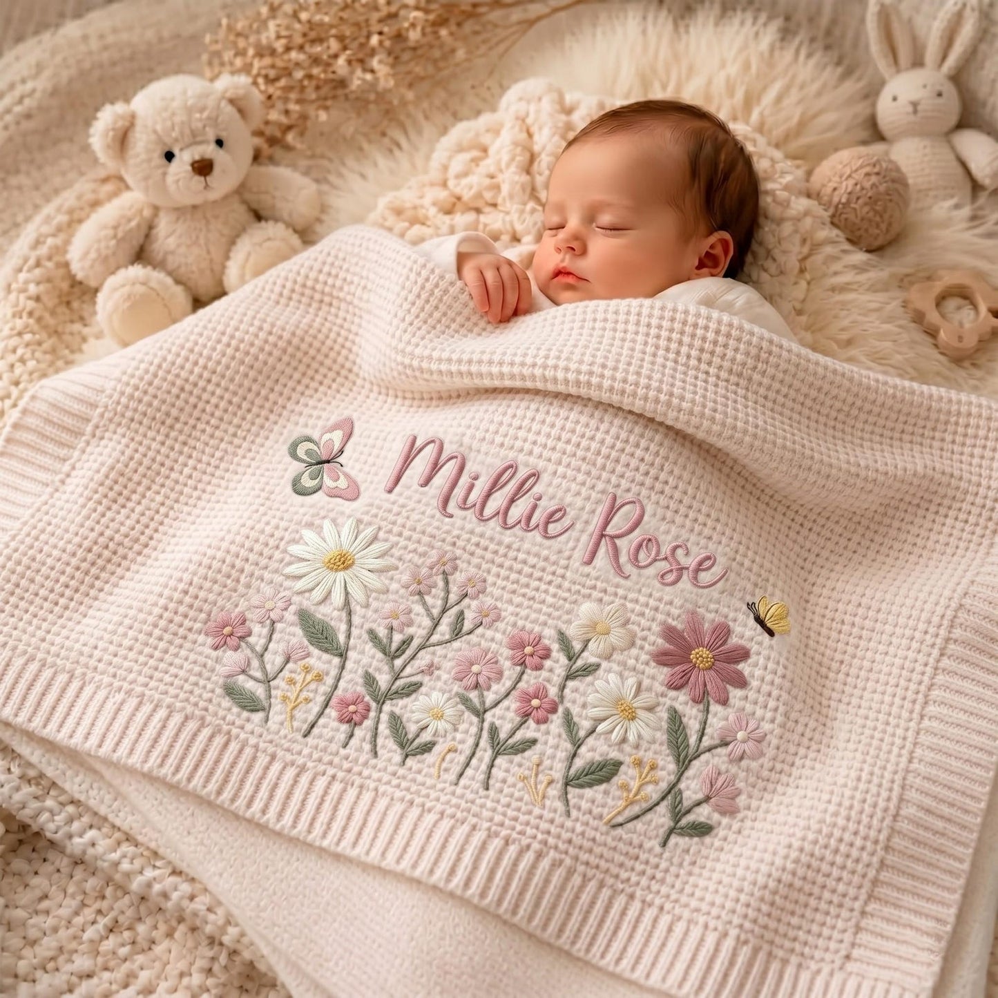 Personalisierte Babydecke mit Blumenstickerei – Strickdecke mit individuellem Namen, Willkommensdecke für Babys, Erinnerungsstück fürs Kinderzimmer, Erinnerungsstück für Neugeborene